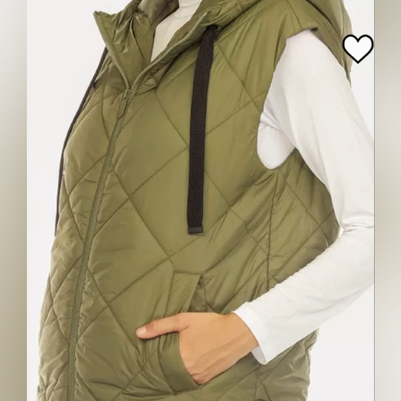 Diamond Quilted Hooded Long Puffer Vest Jacket - Olive - Picture 5 of 7